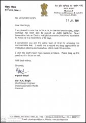 appreciation letter from railway minister for conversion of an alco diesel locomotive into an electric multiple locomotive ak singh bit sindri batch-1976 mechanical engineering.jpg